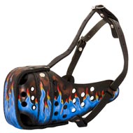 Fashionable Walking Leather Bull Terrier Muzzle with Blue Flames Fashionable Walking Leather Bull Terrier Muzzle with Blue Flames