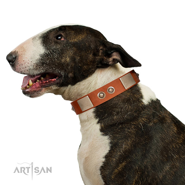 Corrosion resistant traditional buckle on natural genuine leather dog collar for handy use