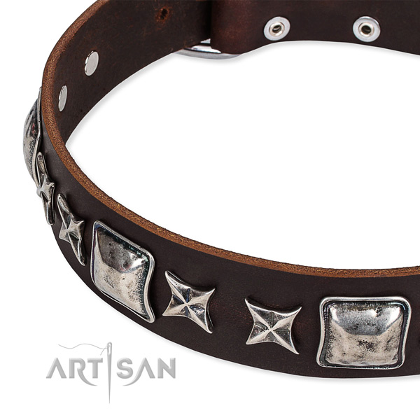 Natural genuine leather dog collar with decorations for handy use