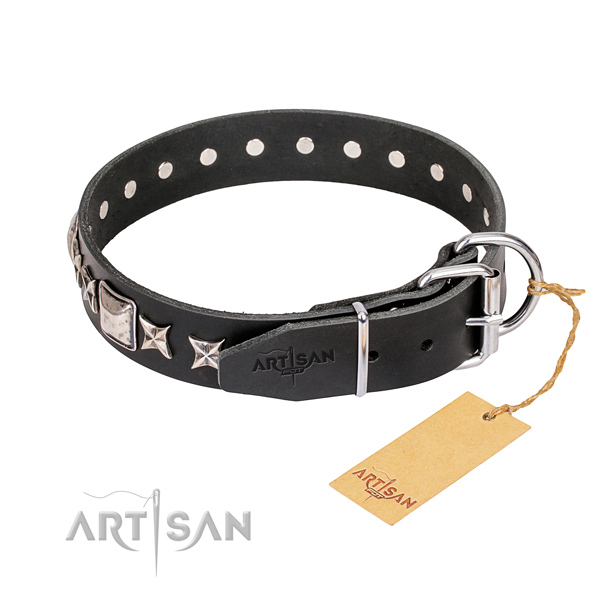 Everyday walking genuine leather collar with embellishments for your pet