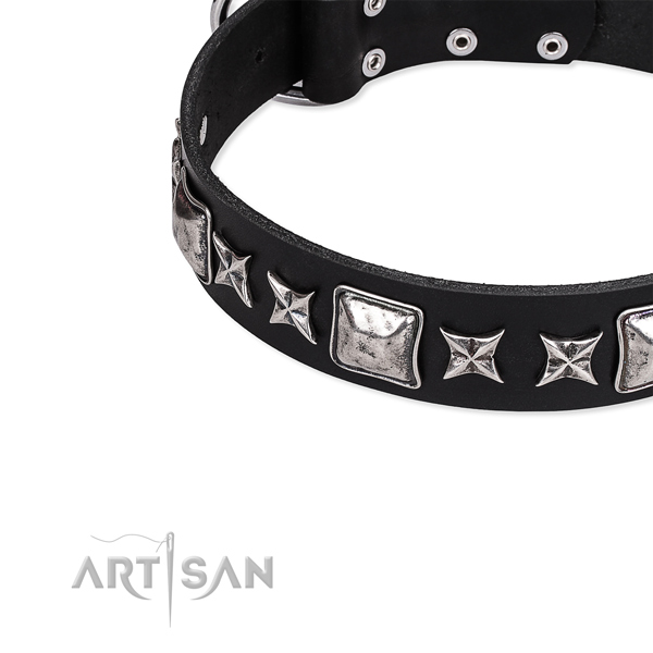 Leather dog collar with embellishments for comfortable wearing