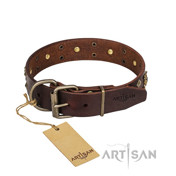 Sturdy leather dog collar with strong elements
