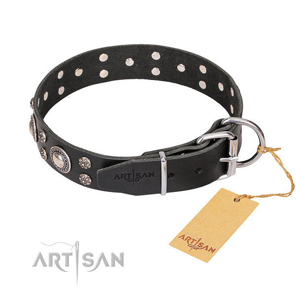 Genuine leather dog collar with smoothed leather strap