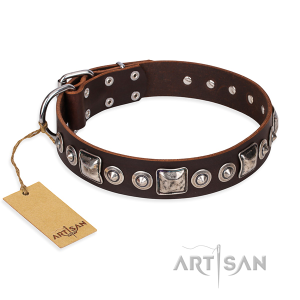 Leather dog collar made of flexible material with reliable fittings