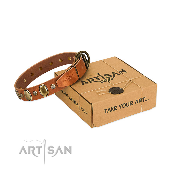 Easy wearing leather dog collar with rust-proof fittings
