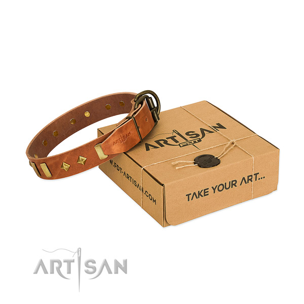Easy wearing best quality genuine leather dog collar with adornments