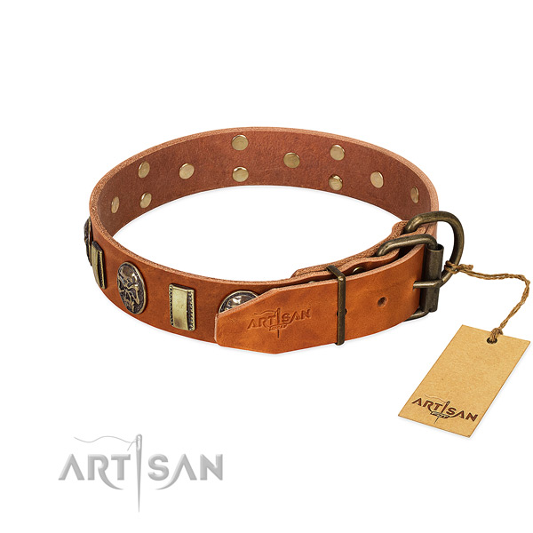 Full grain genuine leather dog collar with durable D-ring and embellishments
