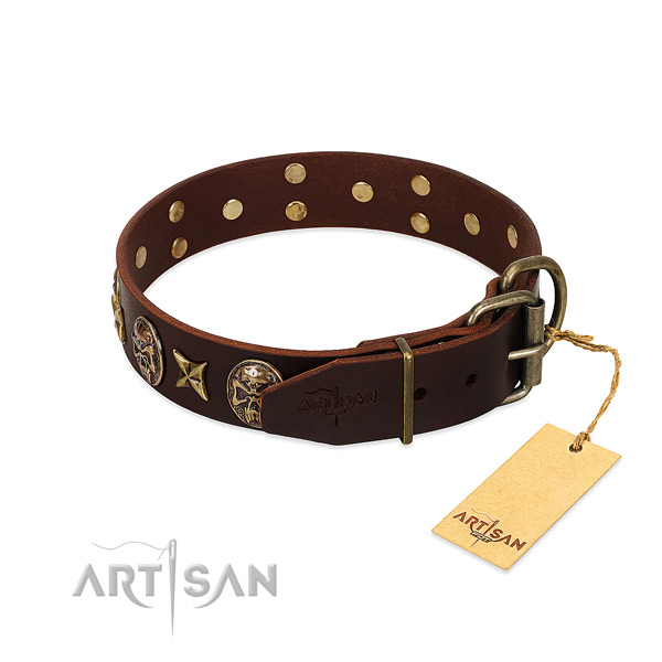 Rust resistant adornments on full grain natural leather dog collar for your four-legged friend