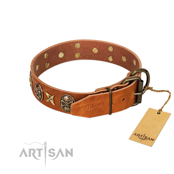 Natural genuine leather dog collar with corrosion resistant hardware and adornments