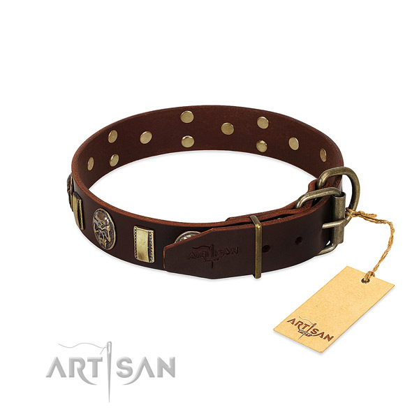 Natural genuine leather dog collar with corrosion resistant hardware and decorations