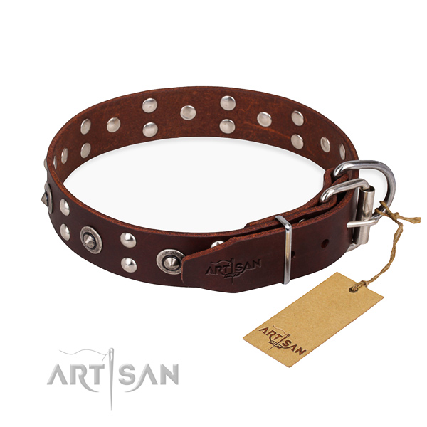 Corrosion proof traditional buckle on full grain natural leather collar for your handsome doggie