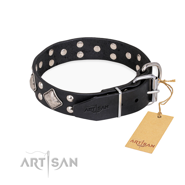 Genuine leather dog collar with fashionable corrosion resistant adornments