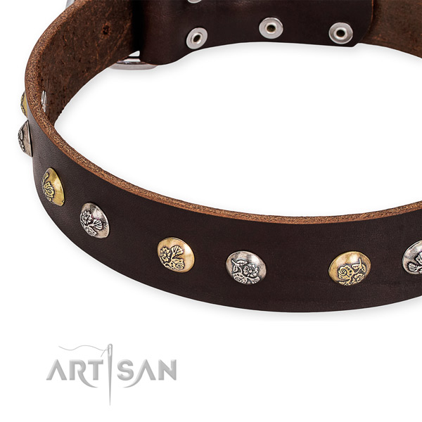 Natural genuine leather dog collar with inimitable reliable adornments