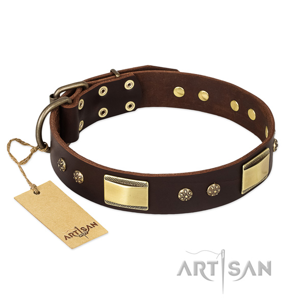Full grain natural leather dog collar with reliable D-ring and decorations