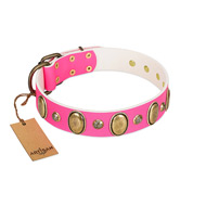 "Roseate Dawn" FDT Artisan Pink Leather Collar with Vintage Looking Oval and Round Adornments  "Roseate Dawn" FDT Artisan Pink Leather Collar with Vintage Looking Oval and Round Adornments